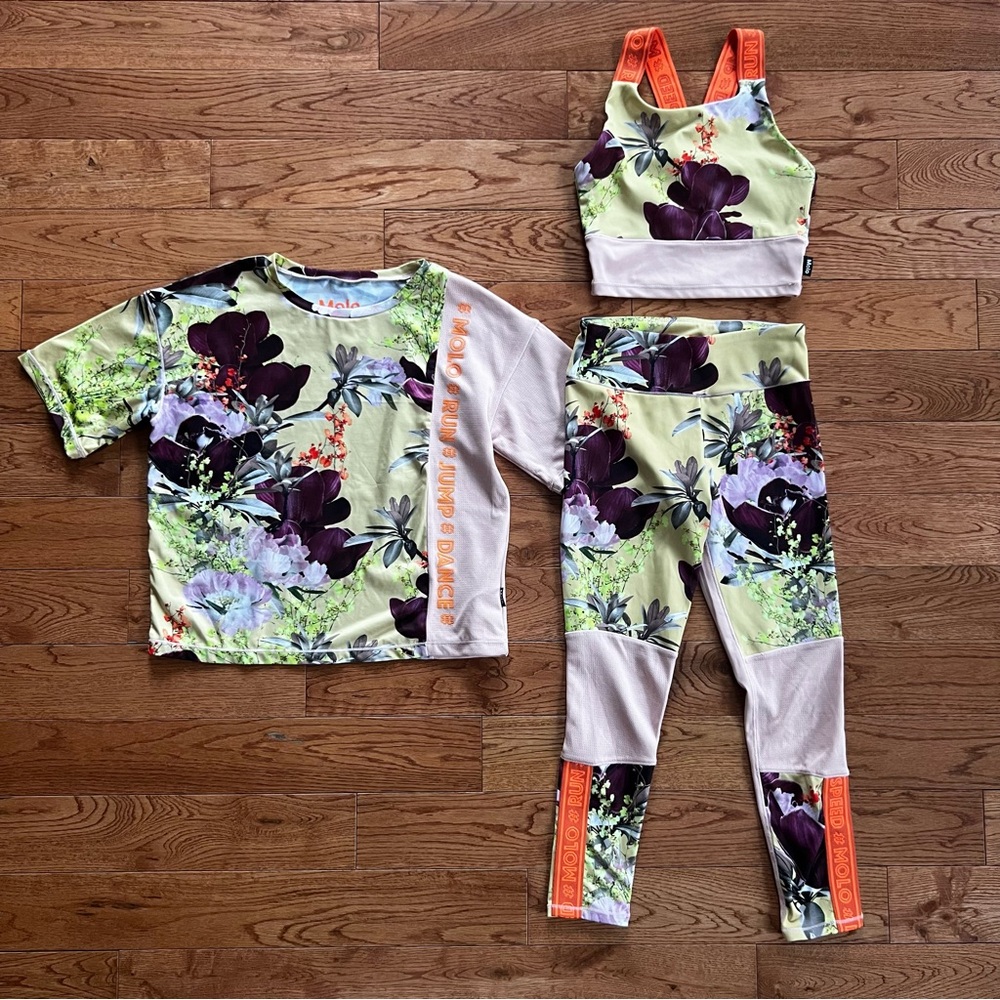 Molo Floral Crop Top, Leggings & Tee Set in Lime Green, Purple & Orange